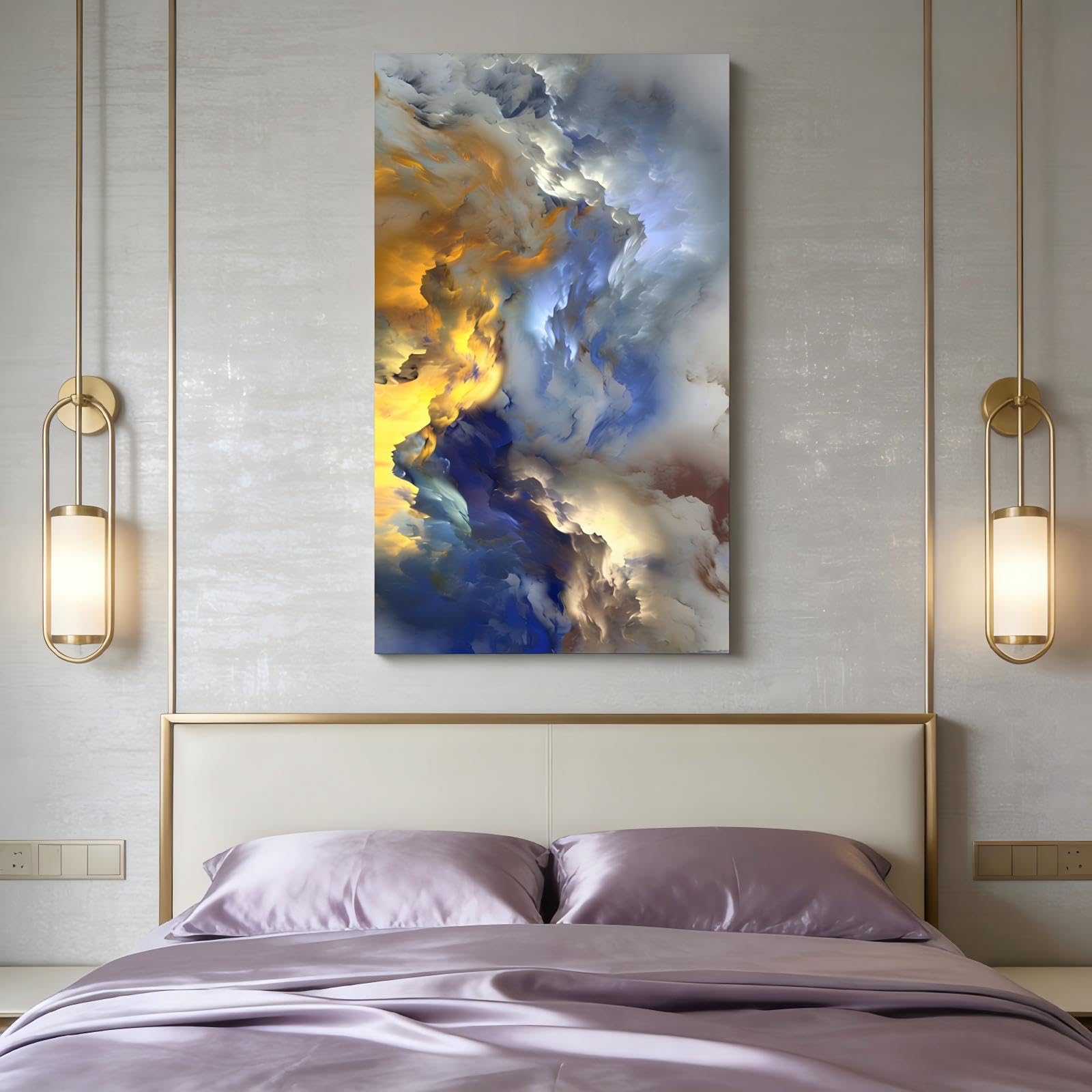 RGsixiot Tableau sur Toile Abstrait Vertical Nuages Bleus et Dorés