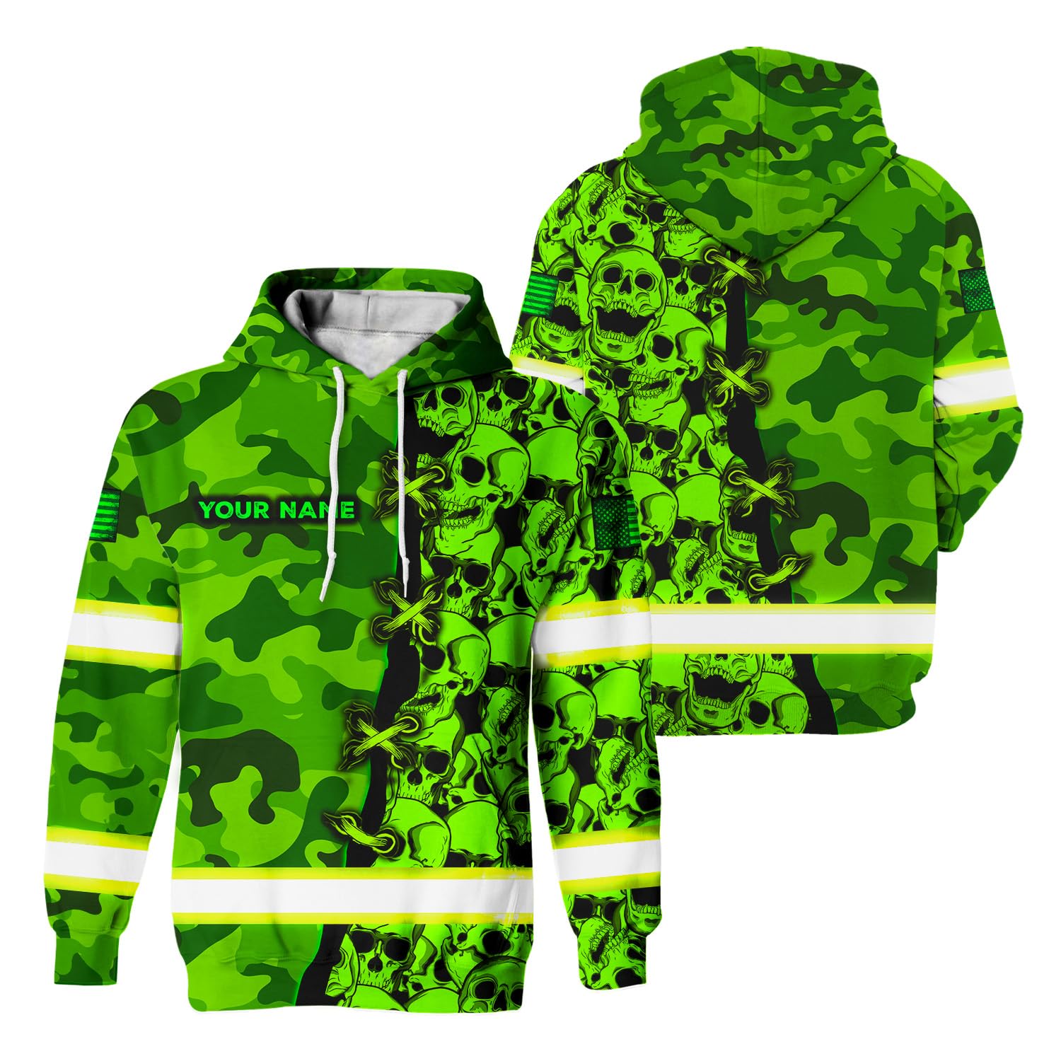 Maddly High Visibility Skull US Flag Safety Workwear Custom Name for Workers, Runners, Truckers, Patriotic