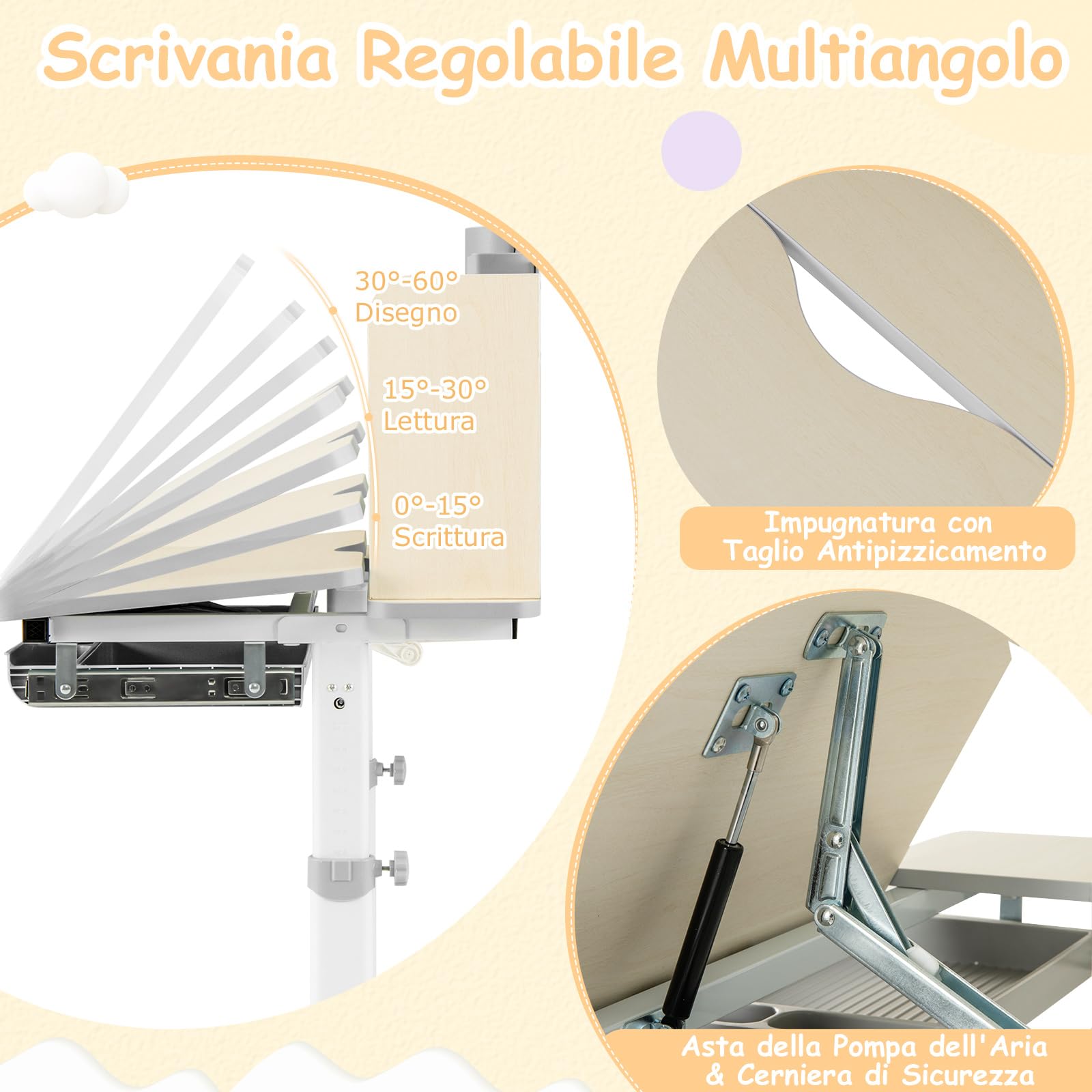 COSTWAY Scrivania per Bambini, Banco Scuola per 3-12 Anni Regolabile in Altezza da 50cm a 73cm con Piano Inclinabile 60°, Scrittoio Cameretta con Scaffale, Cassetto, Portapenne e Righello (Grigio)