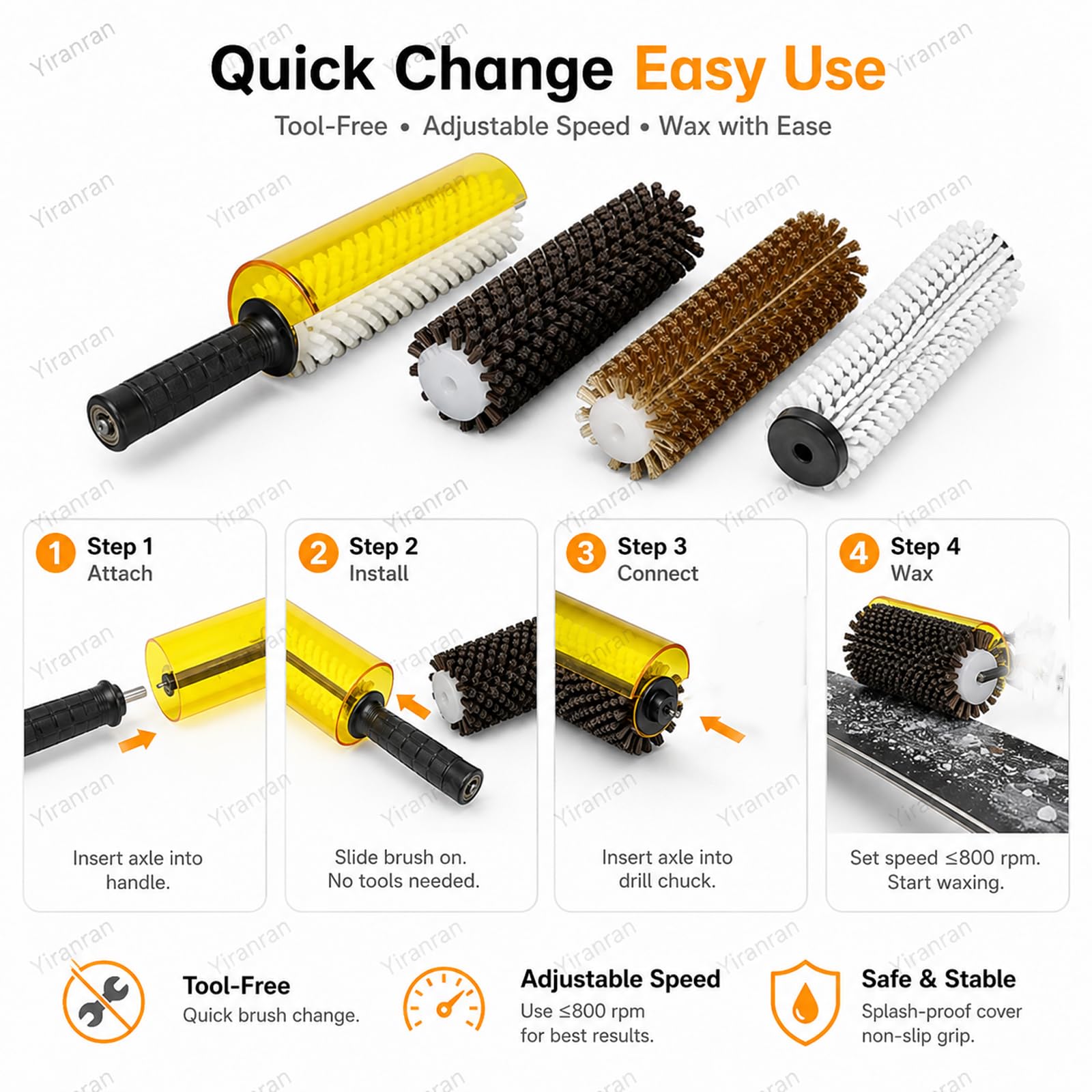 Kit de cepillo rotativo para esquís, eje para mango de cepillo rotativo, eje de 150 mm/200 mm/300 mm con los 3 cepillos (nylon, latón y crin de caballo) para encerado, para usar con taladro eléctrico