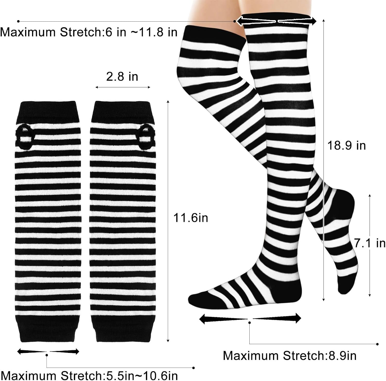 Women Socks Striped Knee High Socks Leg Arm Warmer Fingerless Gloves Set Halloween Cosplay