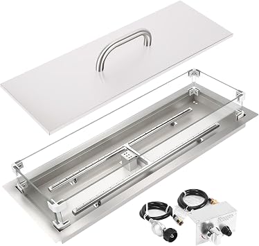 GRISUN Upgraded 30" x 10" Drop-in Fire Pit Kit with Glass Wind Guard & Lid, Linear Fire Pit Burner Pan, Stainless Steel Fire Pit Insert with Spark Ignition