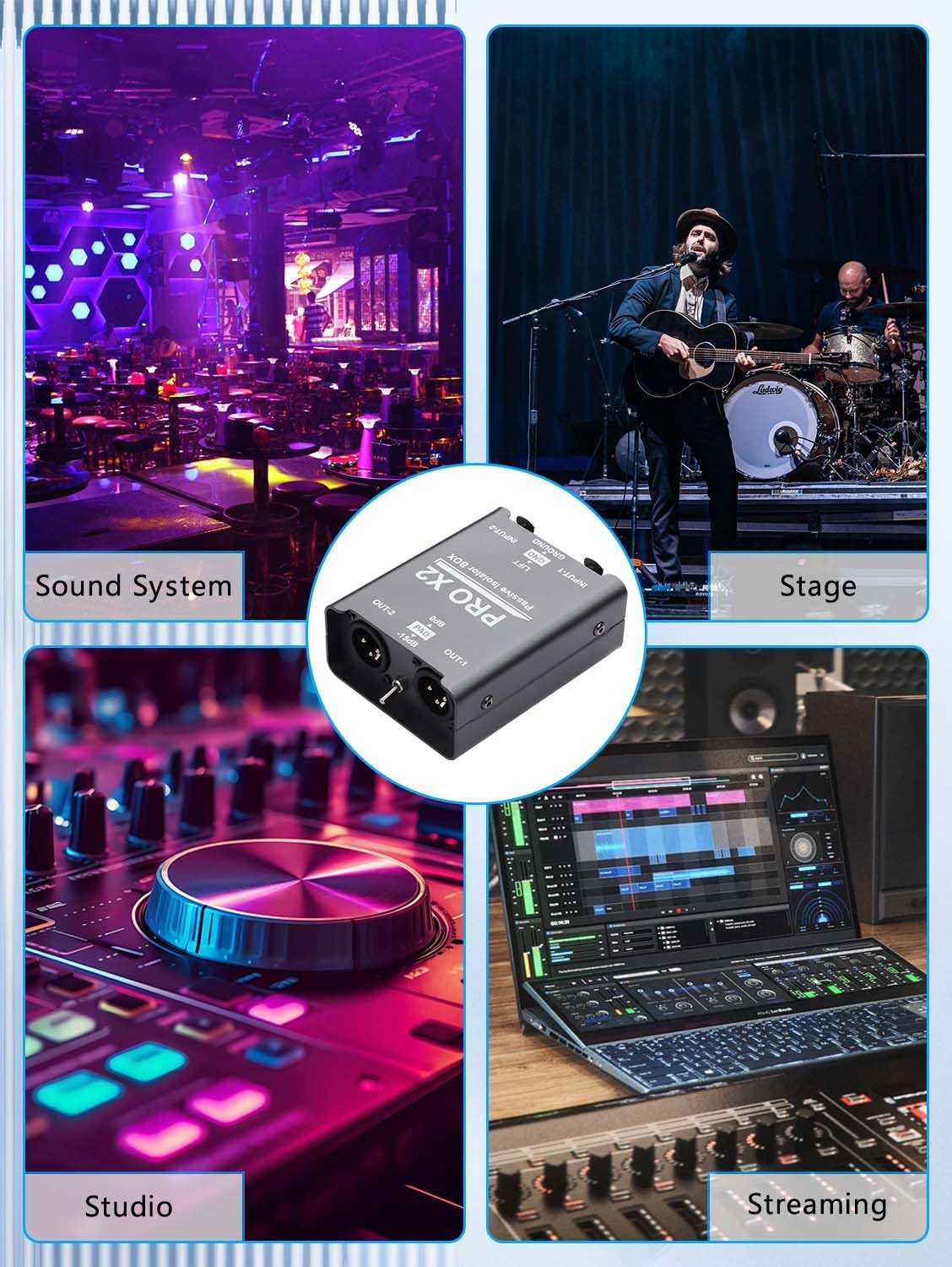 GINTOOYUN Pro Passive Stereo Direct Connection Box 2-Channel Audio Isolator, Audio Current Sound Eliminator, 6.5 Permo Alloy Isolator, Mixing Console, live Broadcast