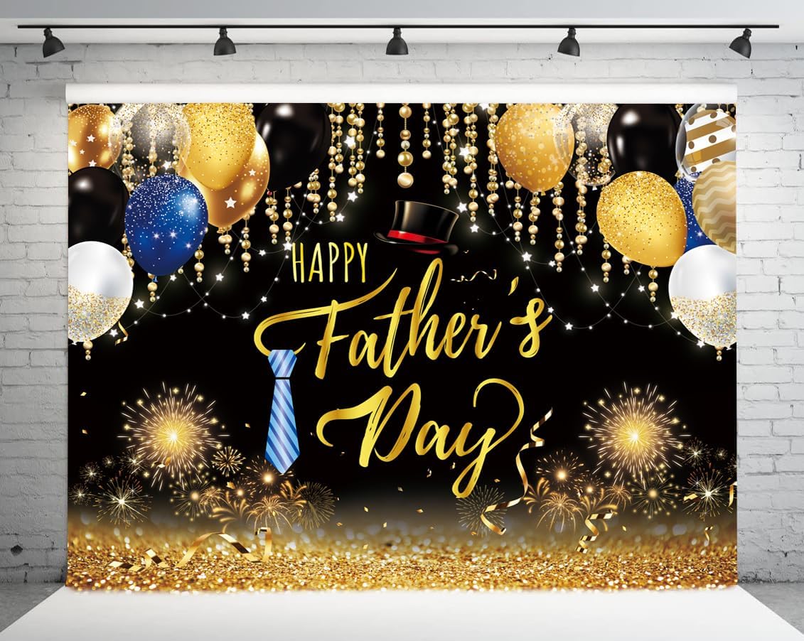 10X8FT Happy Father's Day Backdrop Gold and Black Balloons Thanks Dad Theme Party Decorations Family Party Supplies Banner Father's Day Photography Background DH-406