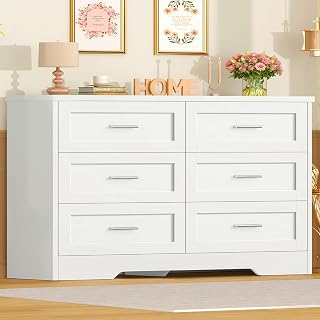 TEENFON White 6 Drawer Chest of Drawers for Adult and Children's Bedroom Multifunctional Storage Unit Ideal for Living Room, Dining Room or Entryway - 107 x 35 x 75.5 cm