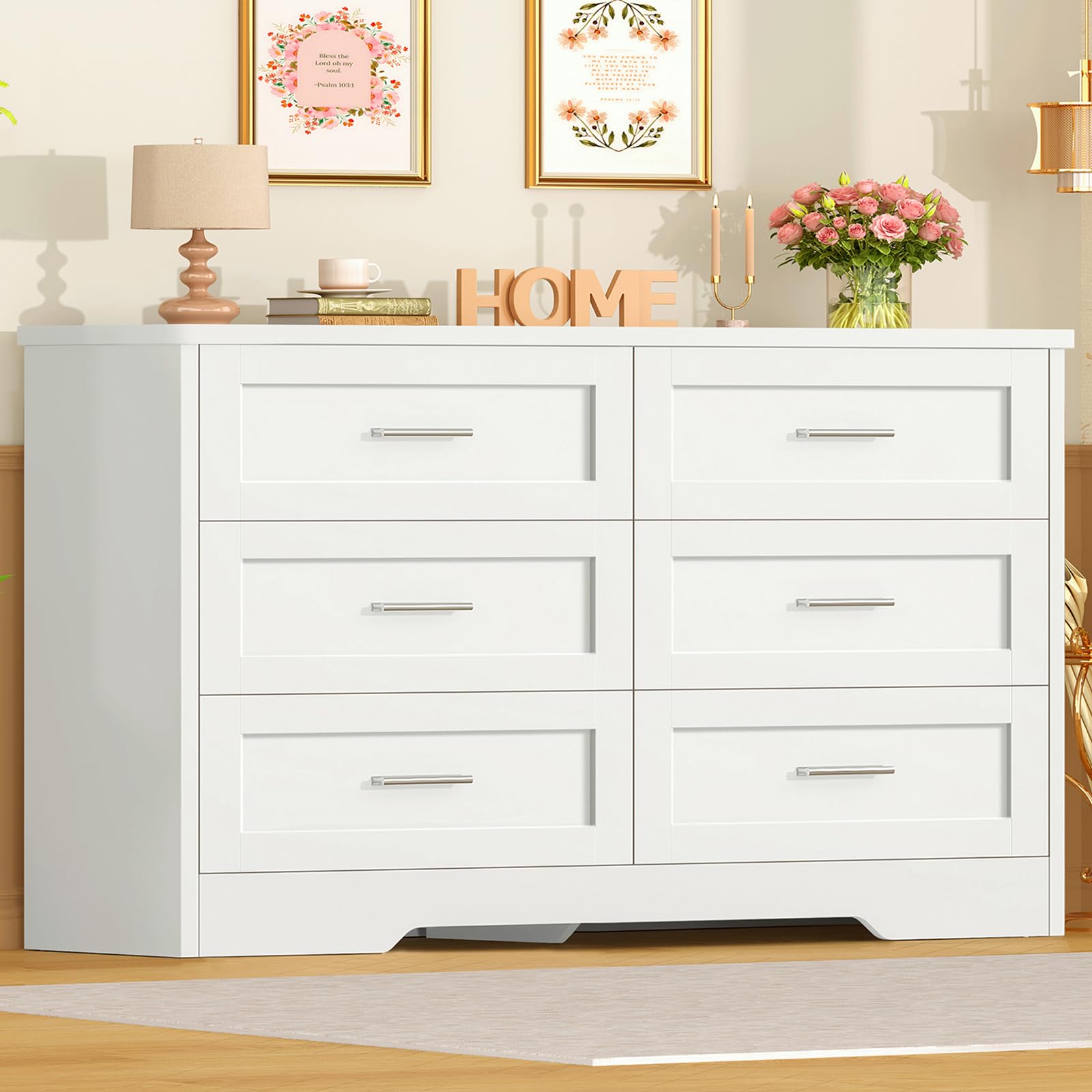 TEENFON Kommode mit 6 Schubladen, Weißer Komodenschrank für Schlafzimmer - Multifunktionales Sideboard für Wohnzimmer, Esszimmer, Flur, 107 x 35 x 75.5 cm