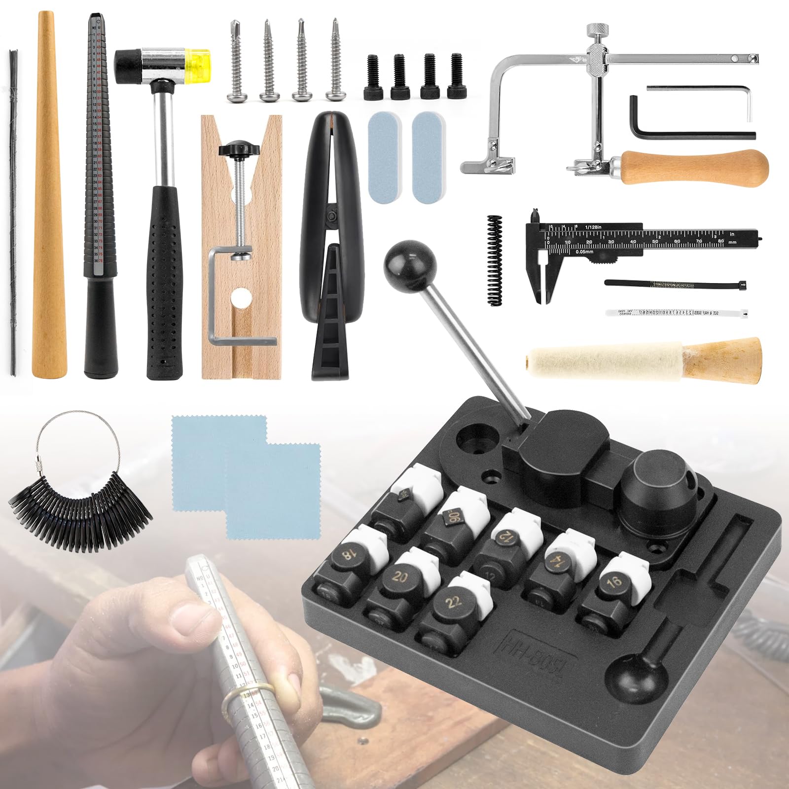 JAOGAUS Kit di strumenti per la piegatura degli anelli per la creazione di gioielli, macchina piegatrice per anelli, set completo da 27 pezzi con fustelle in nylon/metallo, mandrini, martello