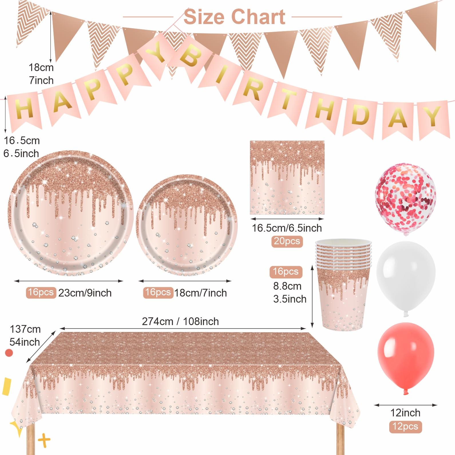 83pcs Rose Gold Diamond Theme Disposable Party Tableware Set, Rosegold, 83 Piece Set - Image 2