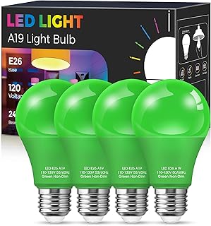 Green Light Bulbã€ 4 Packã€‘, 9W (60W Equivalent) A19 Green Light Bulbs, E26 Base Non-Dimmable,720LM 120V Porch Light, LED Colored Light Bulbs for Christmas Decor Party Holiday Lighting