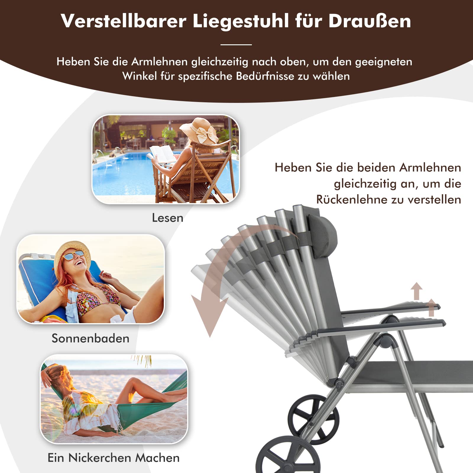 GOPLUS Sonnenliege mit Rollen, Gartenliege mit 7 Fach Verstellbarer Rückenlehne, Liegestuhl klappbar, Aluminium, Terrassenliege bis 150kg belastbar, inkl. Kopfstütze, Relaxliege Garten Balkon Pool