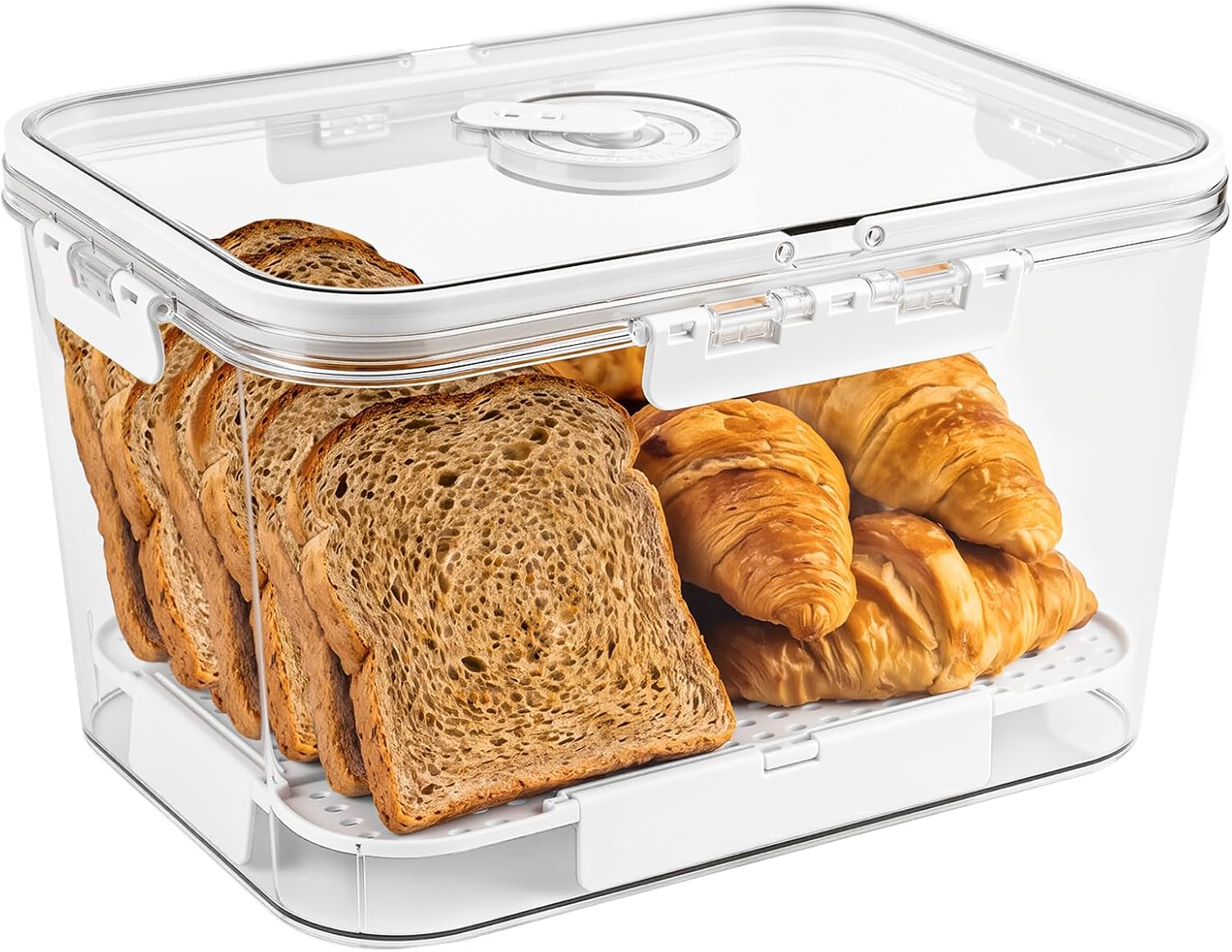 Airtight Clear Bread Box for Kitchen Counter - Large Bread Keeper with Time Dial & Removable Drain Tray - BPA-Free Plastic Food Storage Container Bin for Loaves, Pastries, Fruits & Veggies