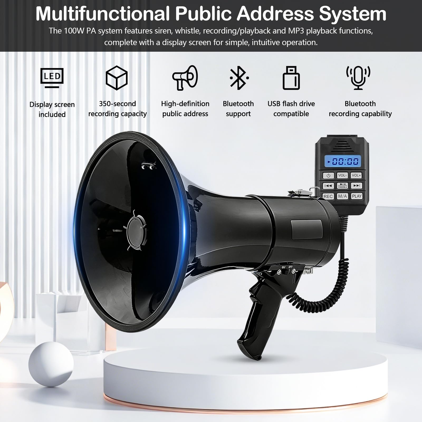 Megafono con Sirena e Microfono, Funzione di Registrazione e Bluetooth, Potenza Massima 100 W con Una Portata di 2000 m, MP3, USB, SD, AUX, megafono con Tracolla.