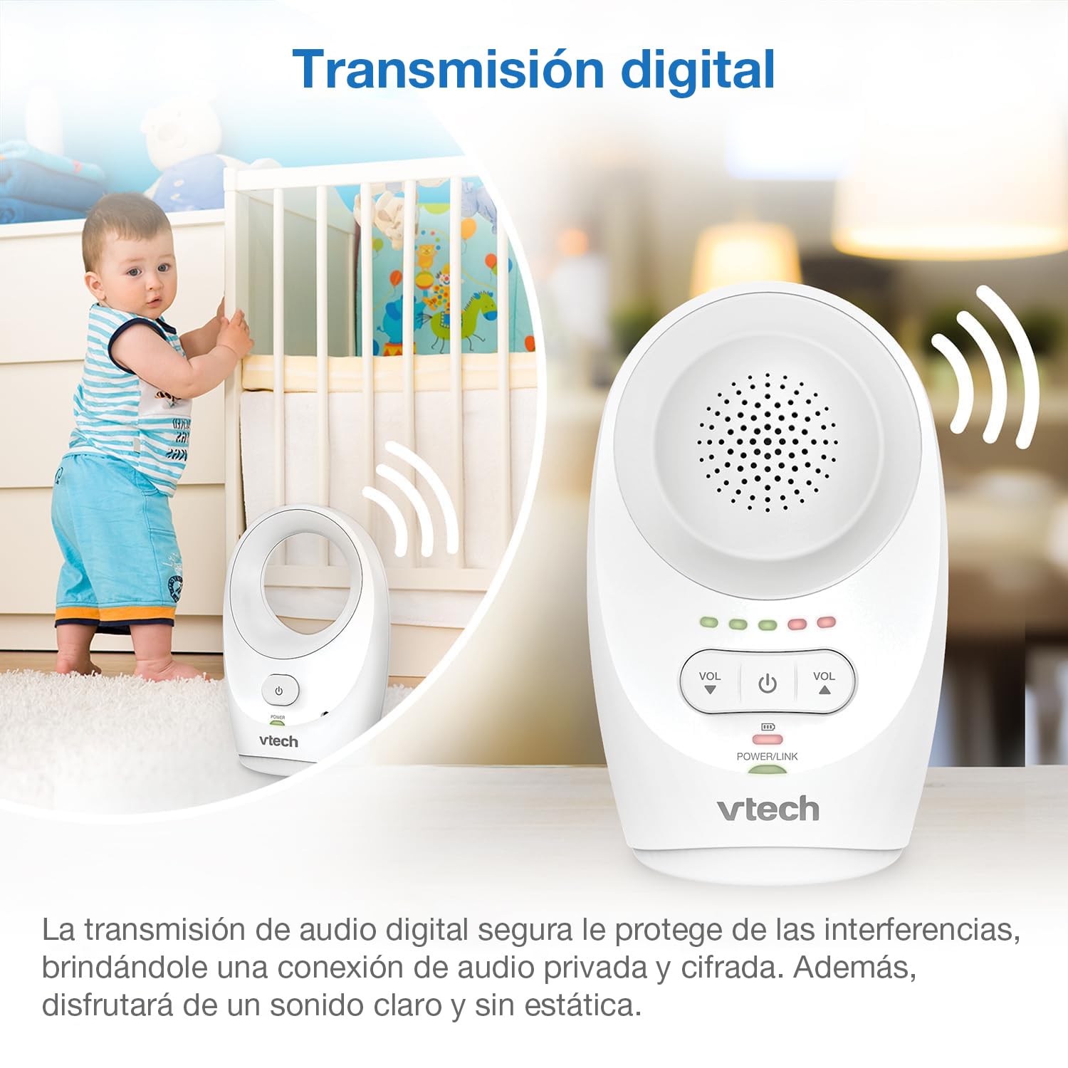 VTech Baby Monitor de Audio Digital DM1111 – Tecnología DECT, Pantalla de Nivel de Ruido, Clip para Cinturón y Más – Unidad para Padres y Unidad para Bebé