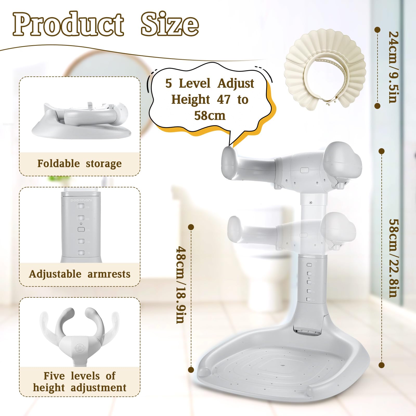 Soporte Baño Bebe, Soporte Bañera Bebe Ajustable para 8-36 Meses, Asiento Ducha con Base Antideslizante para Bañarse y Cambiar Pañales