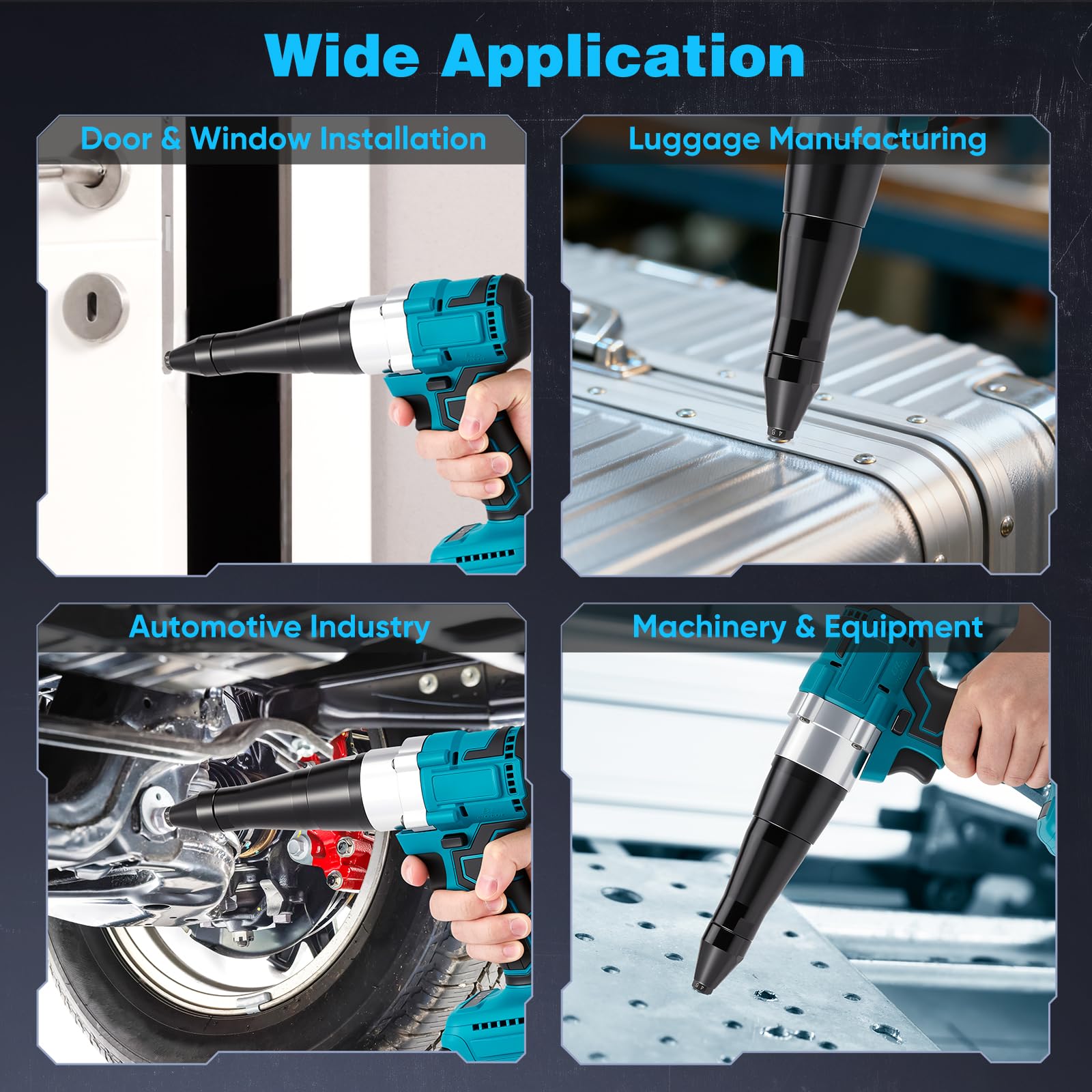 Rivettatore a batteria compatibile con Makita da 18 V, rivettatore a batteria con motore brushless, 3 ugelli per rivetti in alluminio e acciaio inox da 2,4 – 5,0 mm, con lampada a LED