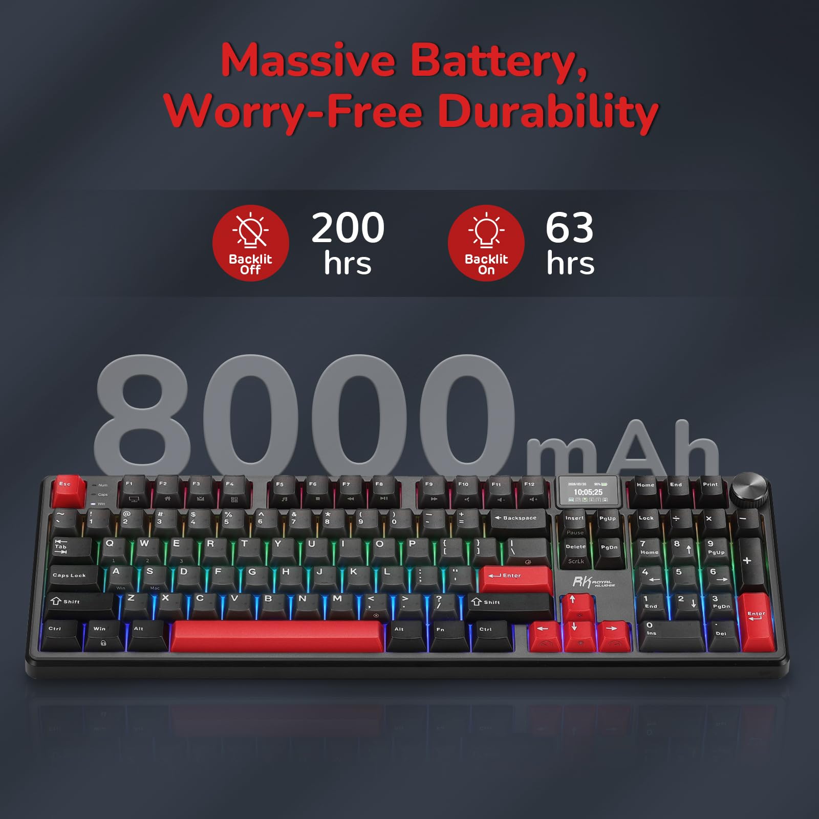 RK ROYAL KLUDGE S104 bezprzewodowa mechaniczna klawiatura gamingowa zwyświetlaczem pokrętłem101klawiszy, pełnowymiarowa RGB órze, BT/2,4GHz/USB-C, akumulator 8000mAh, sterowniki internetowe, hot-swap