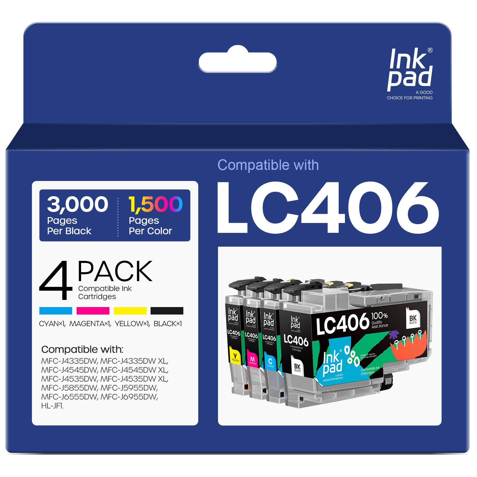 iNKPAD Compatible LC406 Ink Cartridges Compatible with LC406 LC406XL LC 406 XL Ink Cartridges Work for Brother MFC-J4535DW MFC-J4335DW MFC-J5855DW MFC-J6555DW MFC-J6955DW Printer,4 Pack