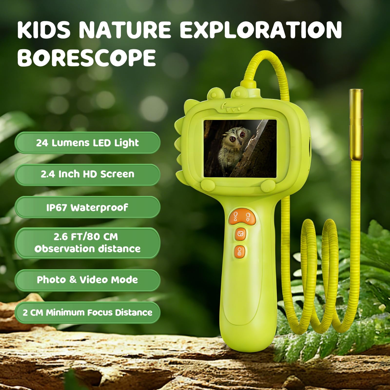 Kids Endoscope Camera with Light 2.4"HD Screen Snake Camera for Kids IP67 Waterproof Borescope Inspection Camera with 8 Adjustable LED Photo/Video Outdoor STEM Toys for kids Camping&Nature Exploration - Image 2