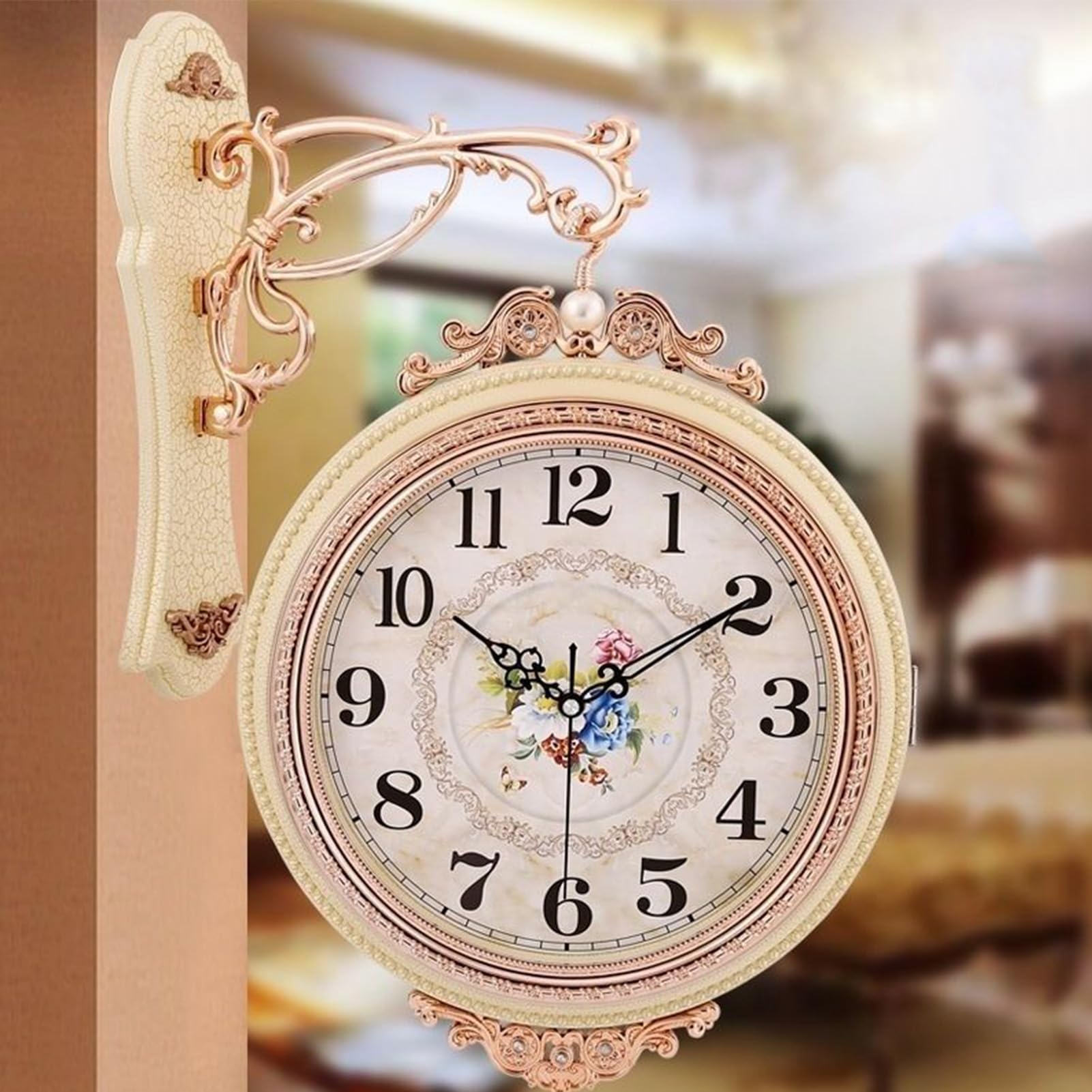Dwustronny zegar ścienny, retro styl europejski nietykający plastikowy cichy zegar, idealny do dekoracji domu lub biura, elegancki design zapewniający ponadczasowy urok