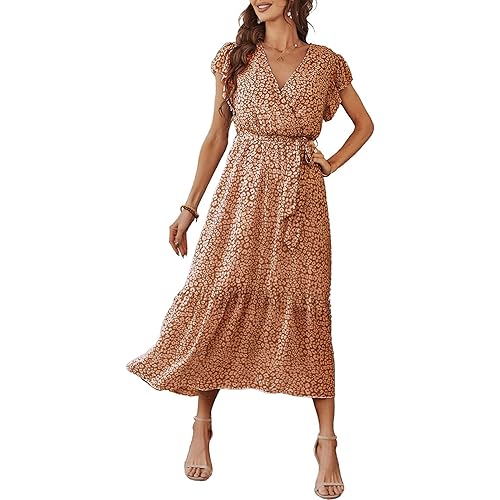 PRETTYGARDEN Women's 2023 Floral Summer Dress Wrap V Neck Short Sleeve Belted Ruffle Hem A-Line Bohemian Maxi Dresses