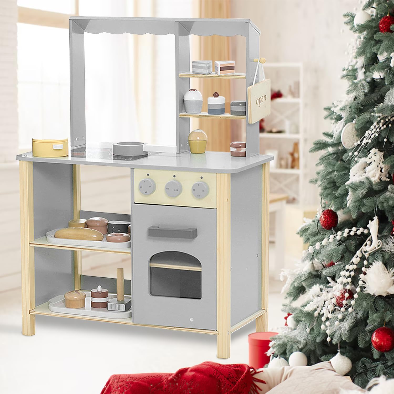 Kids Toy Kitchen, Wooden Children Play Kitchen with Oven, Hob, Pots Pans and Dessert Models, Children's Chef Role Pretend Play Set for Boys Girls