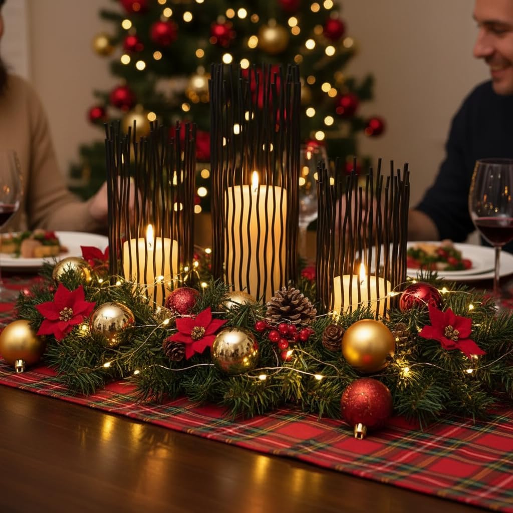 Black Metal Wire Willow Pillar Candleholder Set, Creative Hollow Geometric Candle Holder for Table Centerpiece Fireplace Mantel Decoration, Party, Wedding