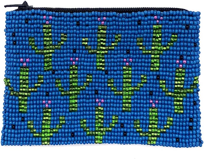 Multi Saguaro Cactus Pattern Czech Glass Seed Beaded Coin Purse Zipper Pouch - Womens Fashion Handmade Bags Boho Travel Accessories (Red)