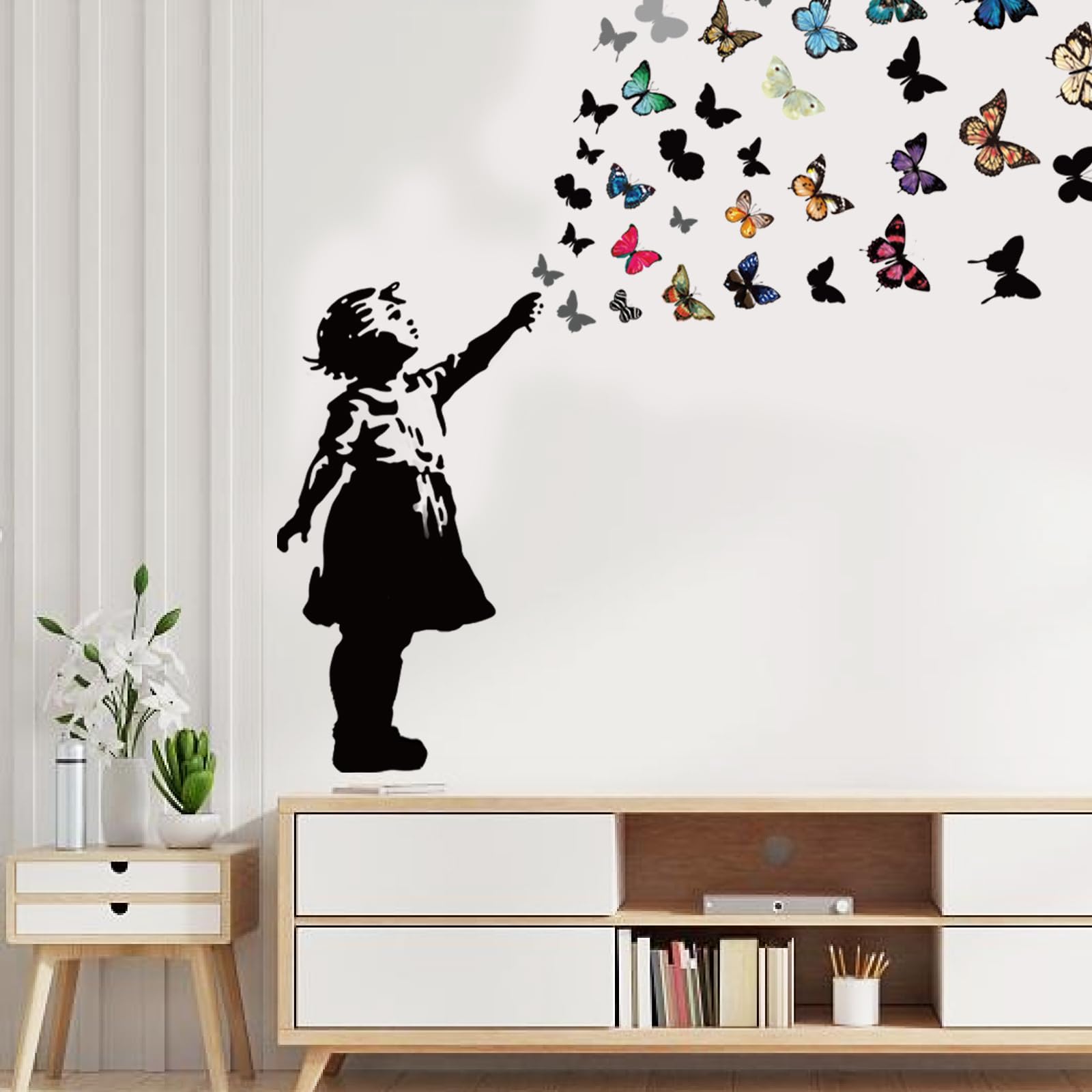 PLIGREAT 2 Sheets Banksy Girl Butterfly Wall Stickers Removable Vinyl Wall Decals Banksy Graffiti Art Mural Decals for Bedroom Living Room Nursery Office Home DIY Decor - Image 4