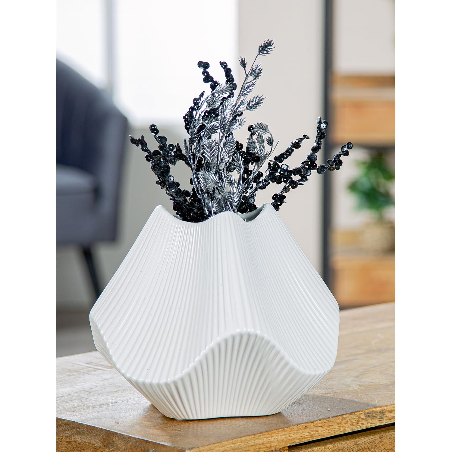 GILDE Vase à lamelles - Blanc Mat - Céramique - Hauteur 19 cm x Largeur 22 cm - Vase décoratif