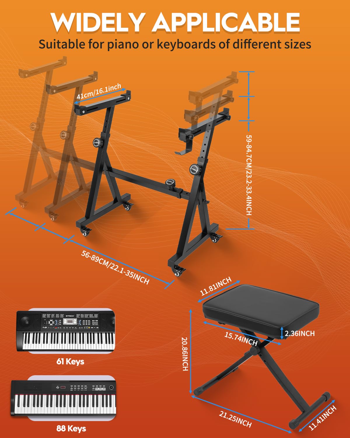 STRICH Support de clavier et banc de piano Z-Style portable et robuste pour piano électrique de 54 à 88 touches et banc de piano réglable X-Style, chaise, noir, SKT-02S & SPB-M10