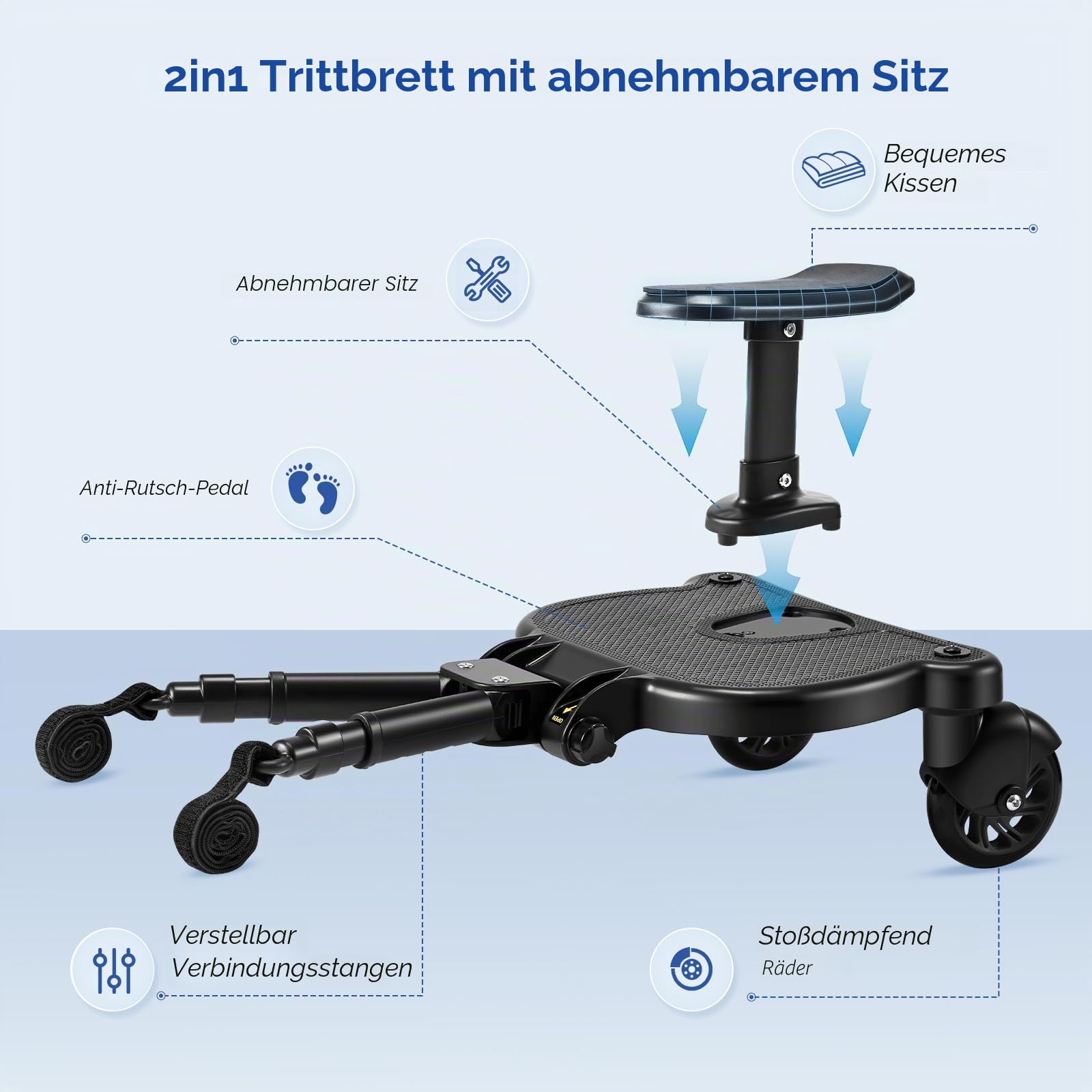 Buggy Board, Kinderwagen Trittbrett, Universal für alle Kinderwagen, Trittbrett Kinderwagenzubehör für Kinder von 2-6 Jahren, max. Belastung von 25kg, schwarze Räder