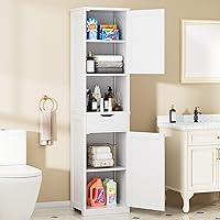 Walsunny Tall Narrow Bathroom Storage Cabinet Freestanding with Adjustable Shelves, 2 Doors & Drawer, White 64"H for Small Spaces