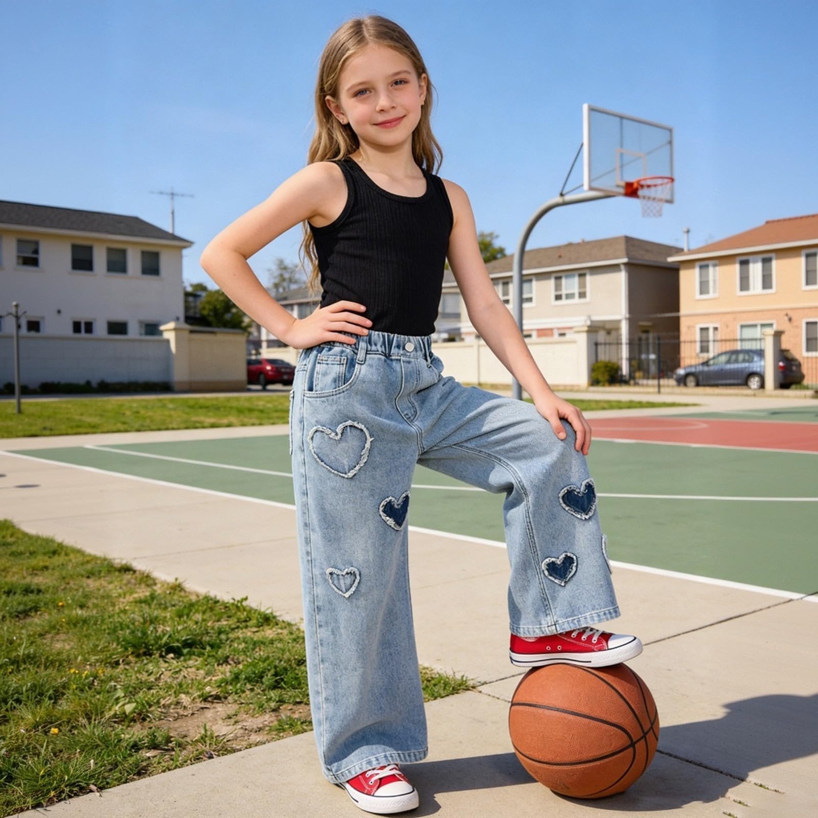 Betusline Baggy-Jeans für Mädchen, elastische Taille, lässig, weites Bein, Denim-Hose, 6–14 Jahre