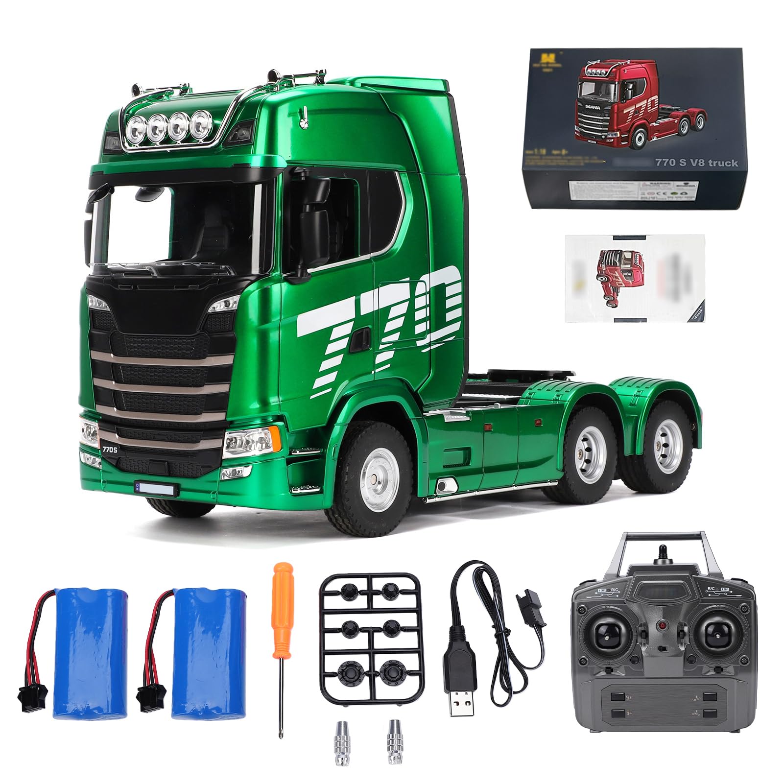 RC Traktor LKW Im Maßstab 1:18 mit 19CH Licht Soundeffekte, 2,4G Fernbedienungs-Sattelzug, 4WD Legierungskarosserie Zum Spielen und Sammeln Im Gelände (Grün)