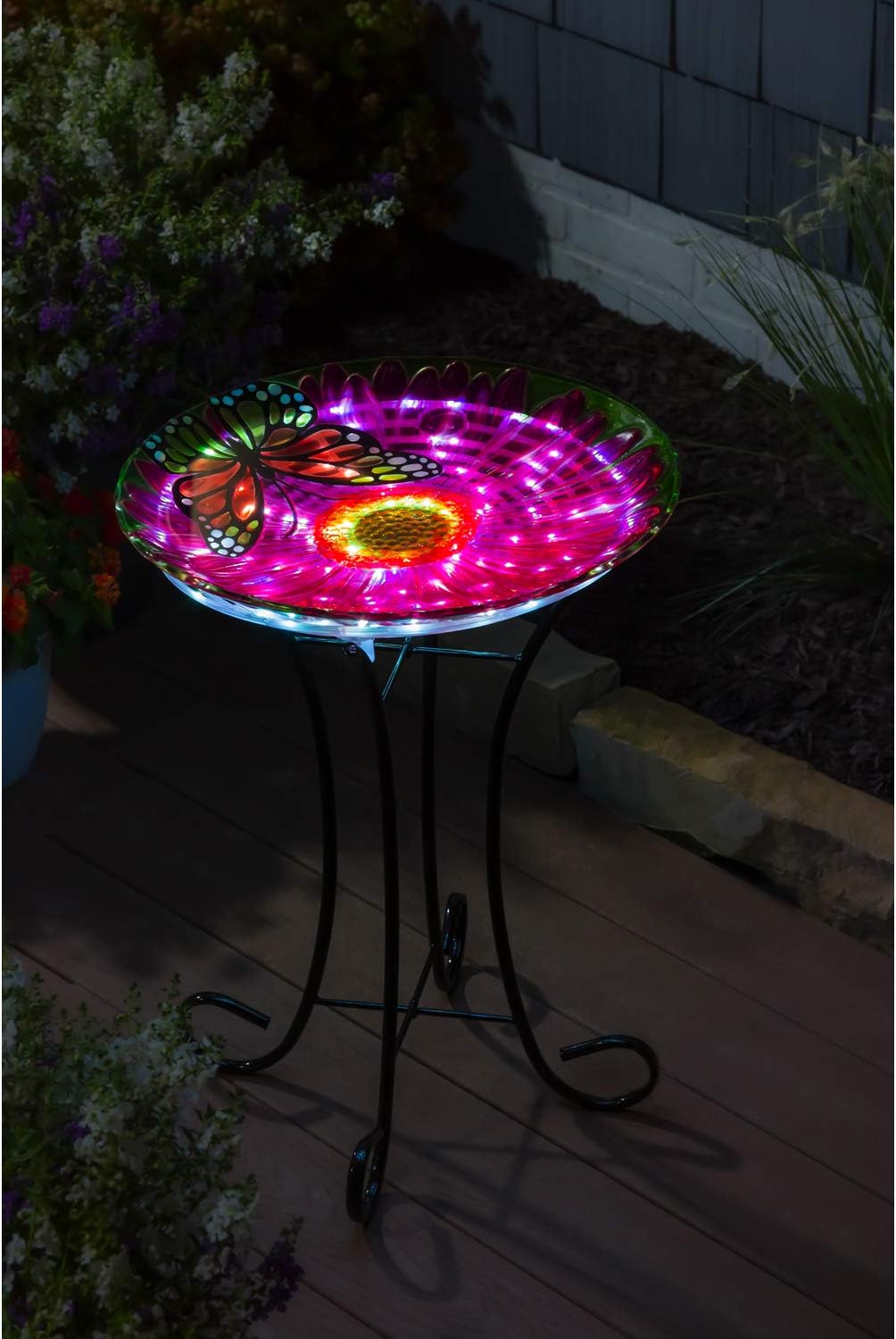 Evergreen Garden Beautiful Summer Butterfly Embossed Glass Solar Bird Bath with Stand - 18 x 18 x 21 Inches Fade and Weather Resistant Outdoor Decoration for Homes, Yards and Gardens