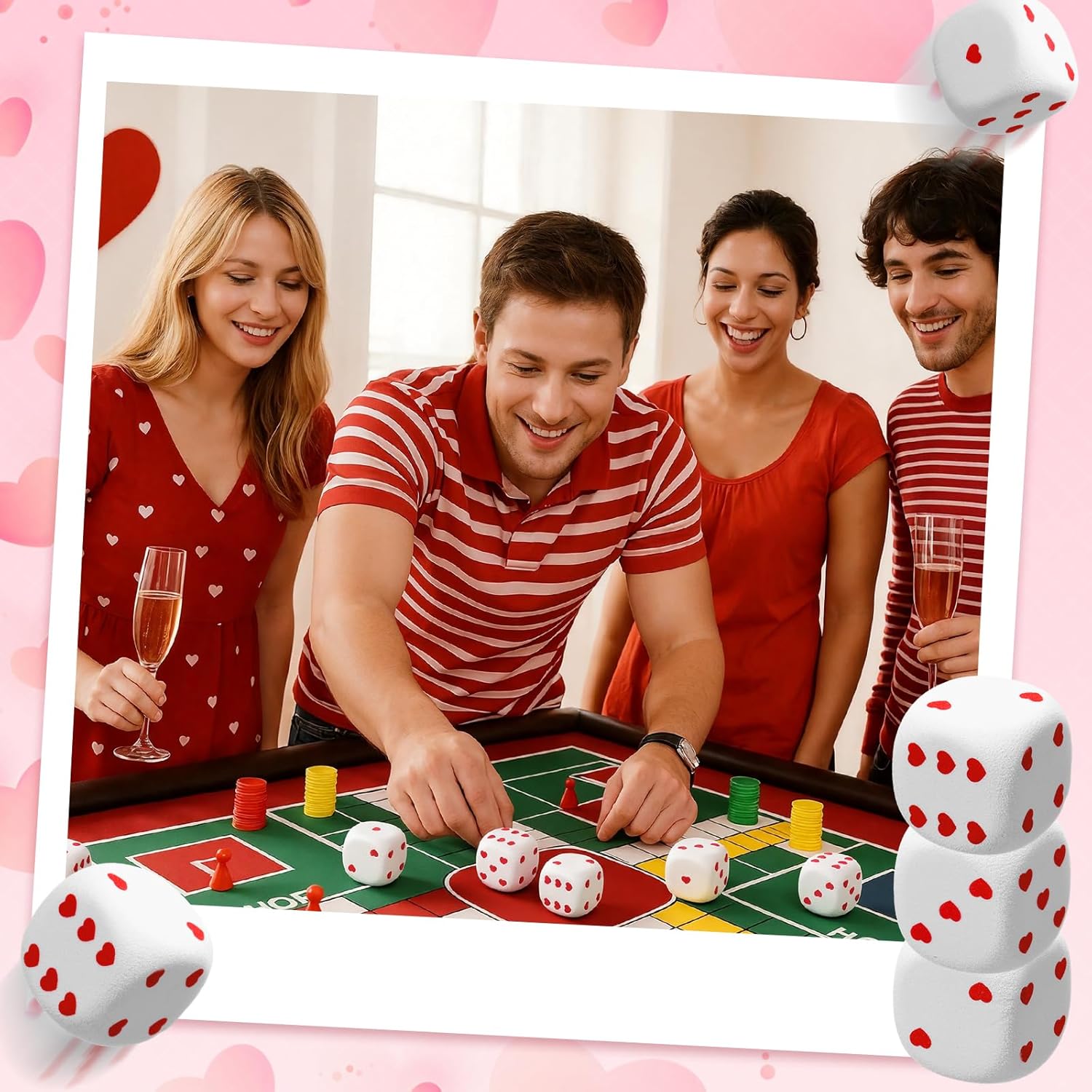 12 Pcs 38mm Casino Foam Dice Bulk Heart Stress Balls Squeeze Anxiety Relieve Valentine's Day Large Opaque Jumbo Square Big Gifts for Board Games Party Props