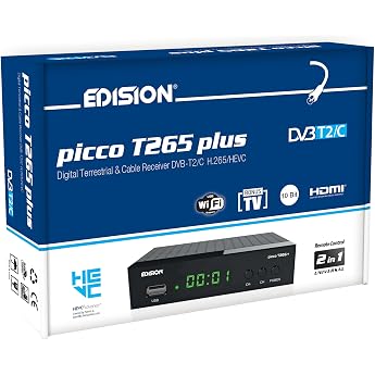 EDISION Picco T265 Plus Terrestrial DVB-T2 & Cable Receiver DVB-C H.265 HEVC FTA Full HD PVR USB HDMI SCART S/PDIF IR USB WiFi Support Universal 2-in-1 Remote Control