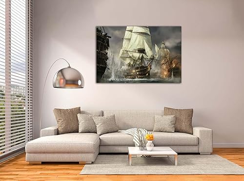 Vista 37 de RAOMAAE Cuadro de arte de pared de batalla naval, barco pirata, velero, póster impreso, lienzo moderno, hogar, sala de estar, oficina, decoración