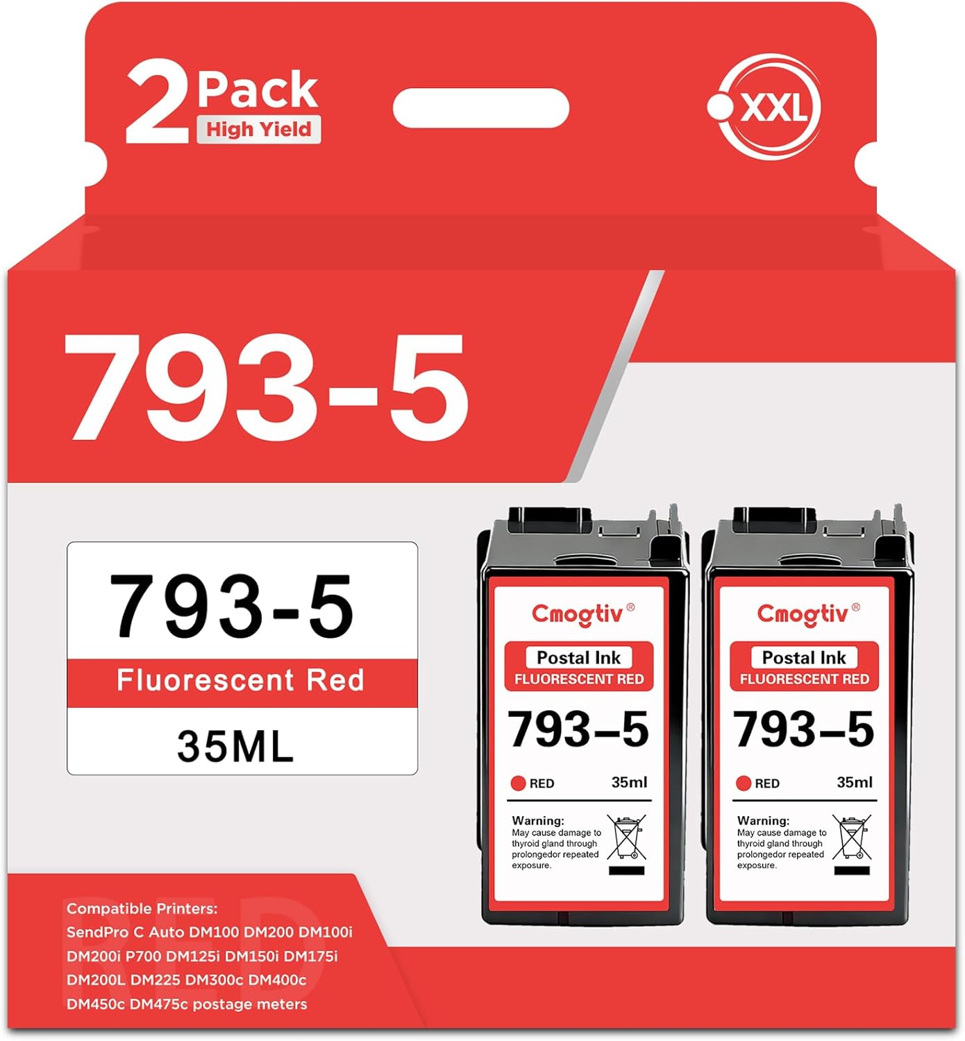 793-5 Ink Fluorescent Red Postage Ink Cartridge (2-Pack) Replacement for Pitney Bowes 793-5 Red Ink Cartridge for DM100 DM200 and SendPro C and SendPro+ Red Ink, 35 ml