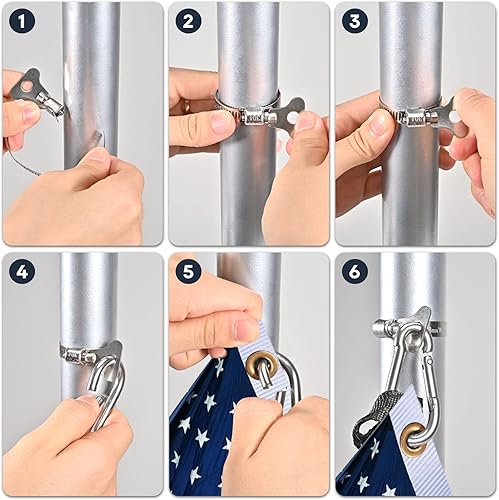 Miniatura 6 de 4 anillos de asta de bandera, de acero inoxidable, ajustable, para asta de bandera, abrazadera anti enrollamiento, anillo de montaje de bandera,