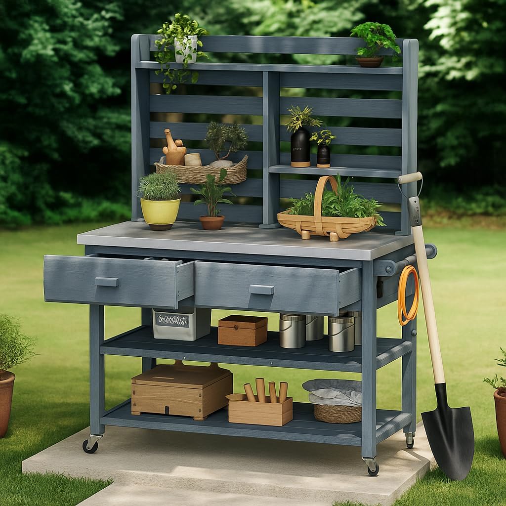 K&K 64.9" H Outdoor Potting Bench Table with Lockable Wheels, Solid Wood Outdoor Kitchen Island with Upper Hutch, Stainless Steel Top, Towel Rack,Outdoor Storage for Grilling, Lawn Garden -Grey Blue