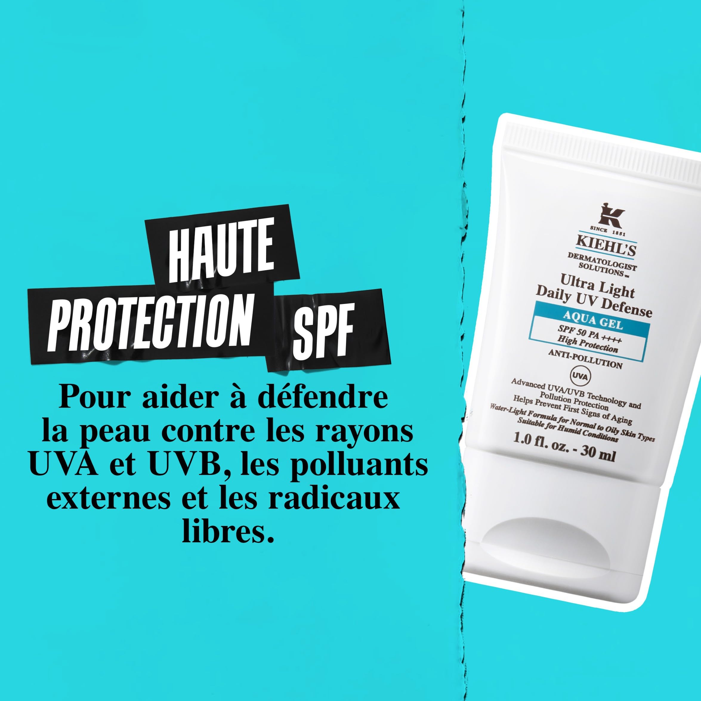 Kiehl's, Gel Crème Solaire Quotidien Ultra Léger SPF 50, Aqua Gel, Non-Comédogène, Fluide Solaire Visage Anti-UVA/UVB et Anti-Pollution pour Peau Normale à Grasse