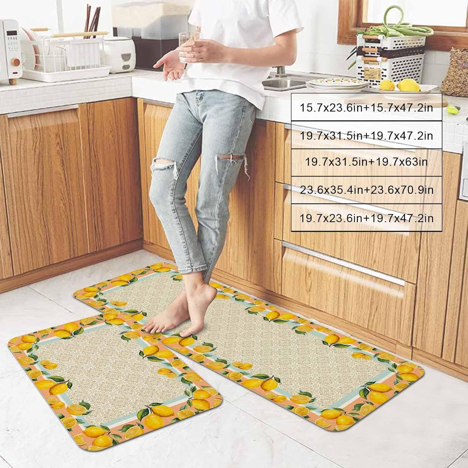 Yellow Lemon Kitchen Mat Set 2 Pieces Watercolor Fruit Farm Blue Flower Pattern Orange Background Non Slip Kitchen Rugs Washable Runner Rug Mats for Sink Laundry (23.6" x 35.4"+23.6" x 70.9")