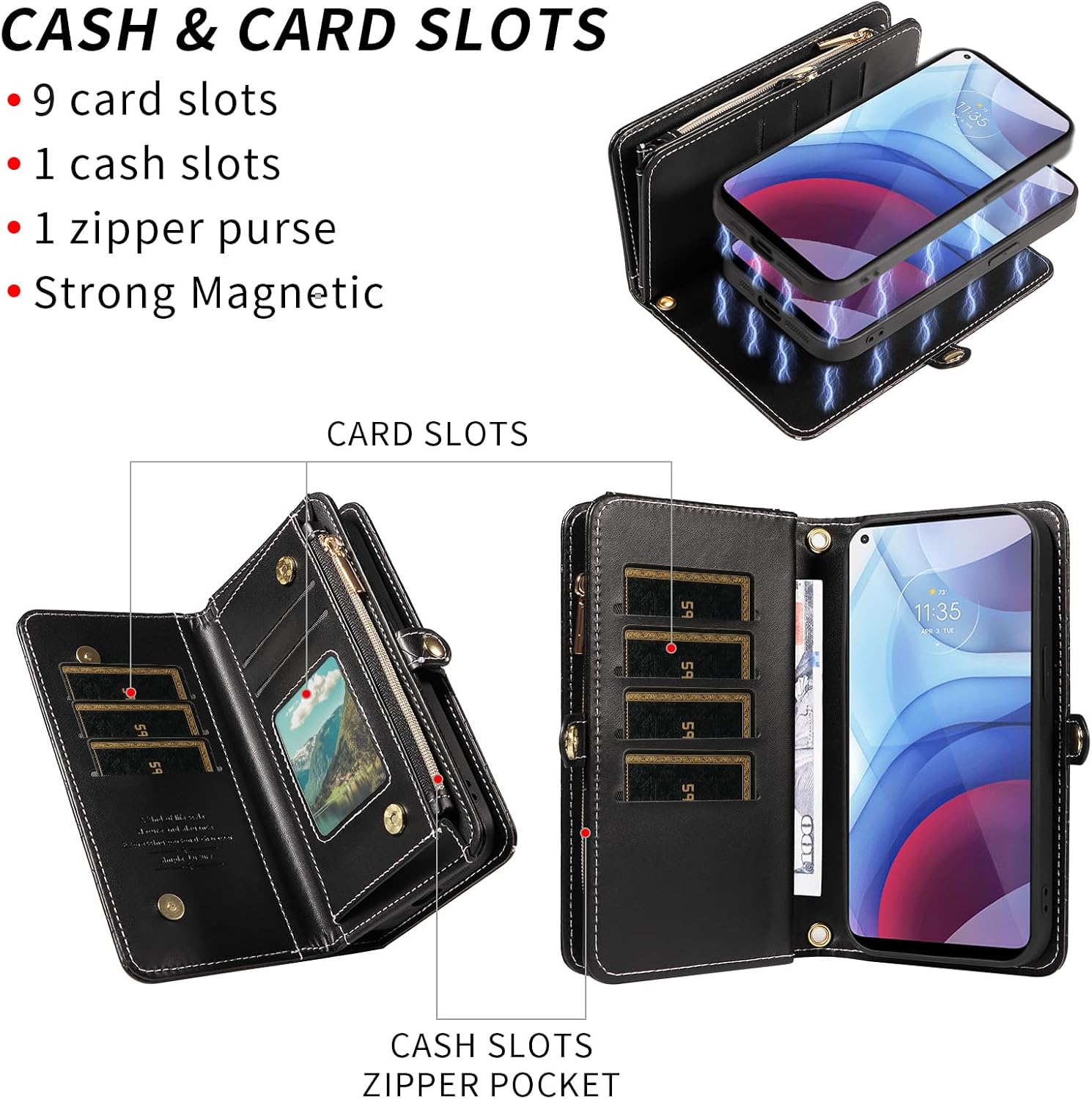 Asuwish Phone Case for Moto G Power 2021 Zipper Wallet Detachable Cell Cover with Tempered Glass Screen Protector Strap Glitter Flip Card Holder Slot Motorola GPower 21 5G Version XT2117-4 Women Black