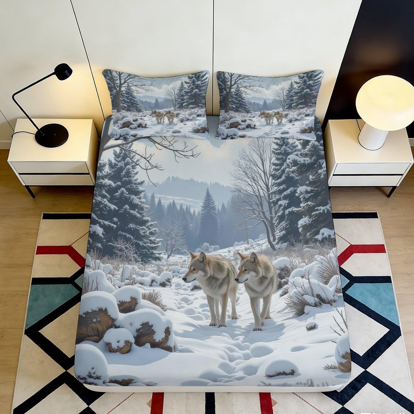 3D Printed Snowy Forest Wolf Fitted Sheet Microfiber Soft Breathable Winter Landscape Bed Cover for Bedroom Decor 90x200x25cm