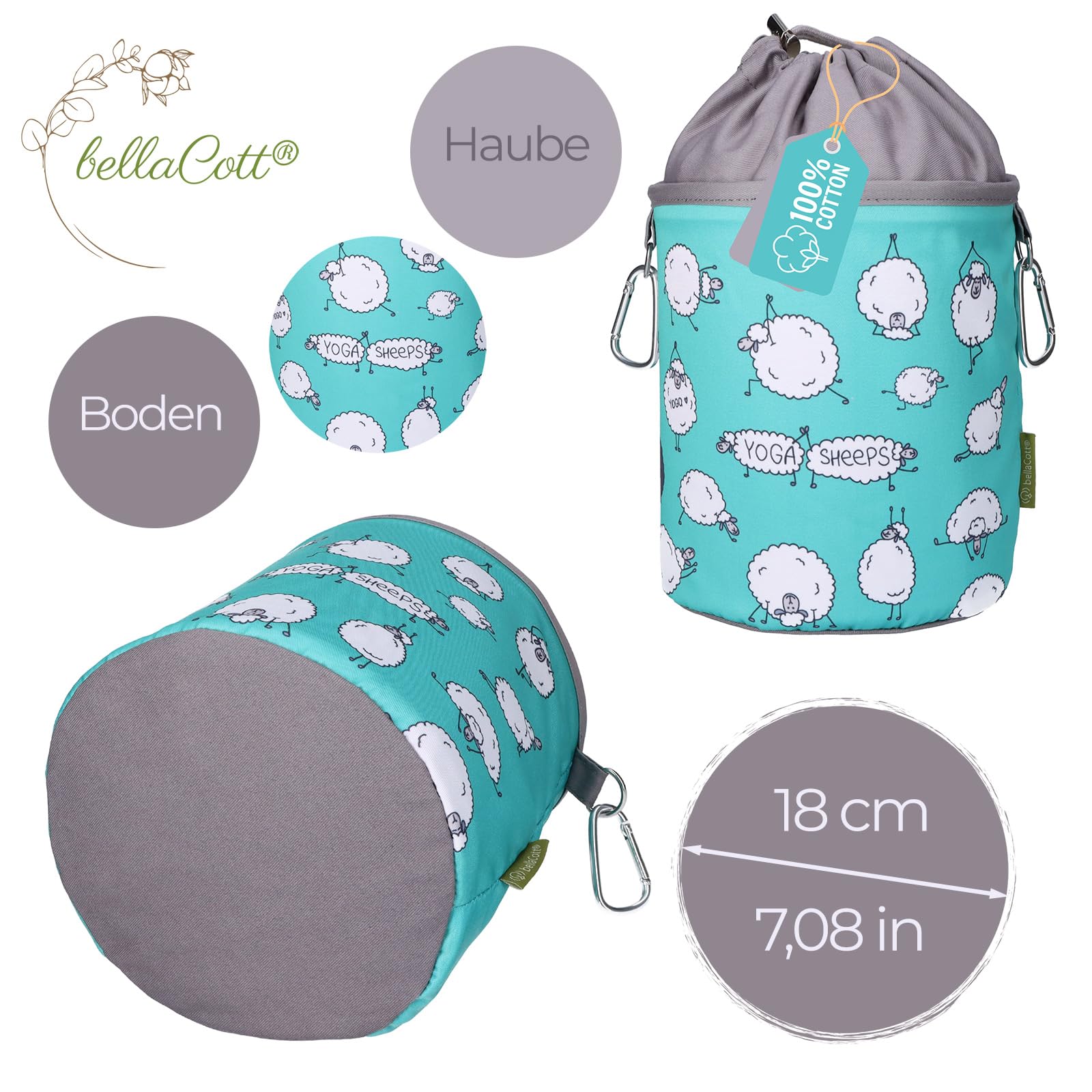 96 Softgrip Wäscheklammern Set Silber-anthrazit mit Wäscheklammerbeutel aus Baumwolle Yoga-Schafe Design, rutschfest, mit Karabiner & Kordelzug, waschbar
