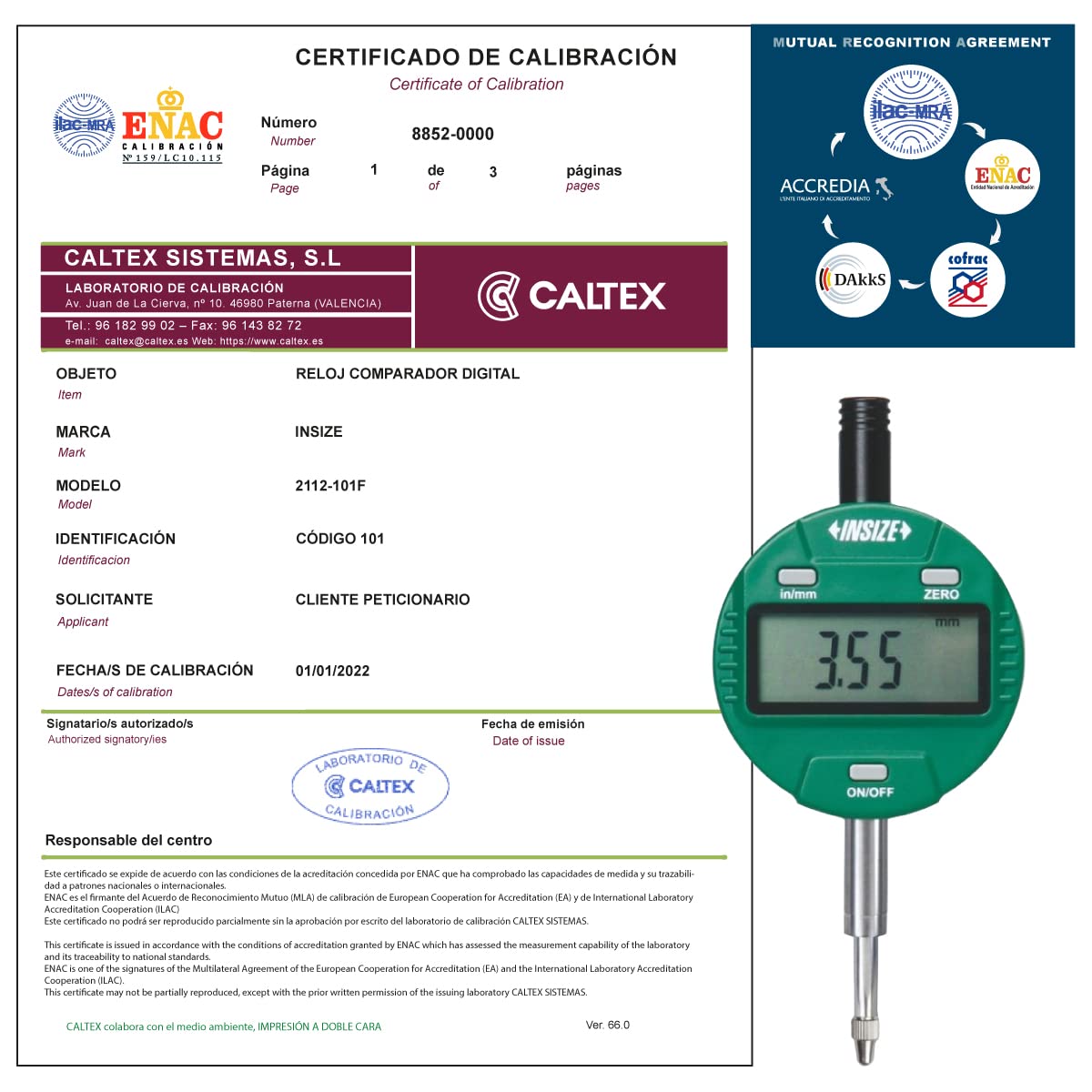 Comparatore tarato INSIZE 2112-101F con Certificato di Taratura Acreditato LAT (accettato da ACCREDIA)
