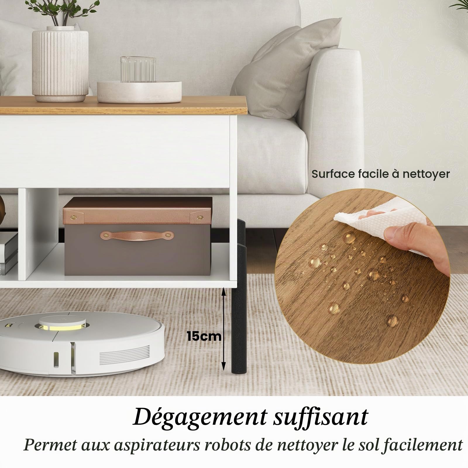 LIFEZEAL Table Basse Relevable avec Rangement Caché (Blanc+Naturel)