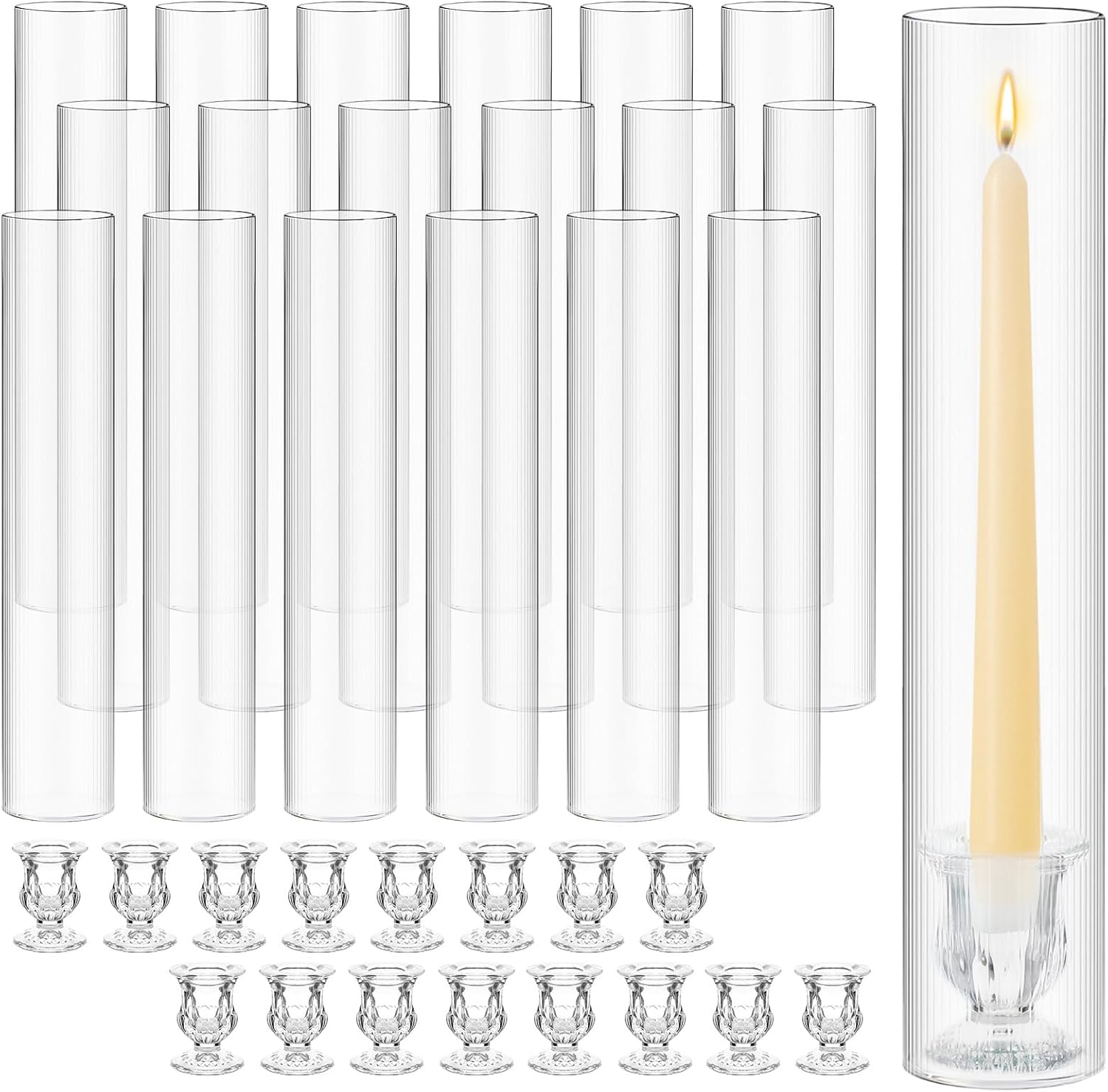 24 Set Glass Hurricane Candle Holders 11.8" Open Ended Glass Candleholder Tube Shape Bottomless and 2.2" Taper Clear Candlestick Holders for Wedding Party Table Centerpiece(Elegant)