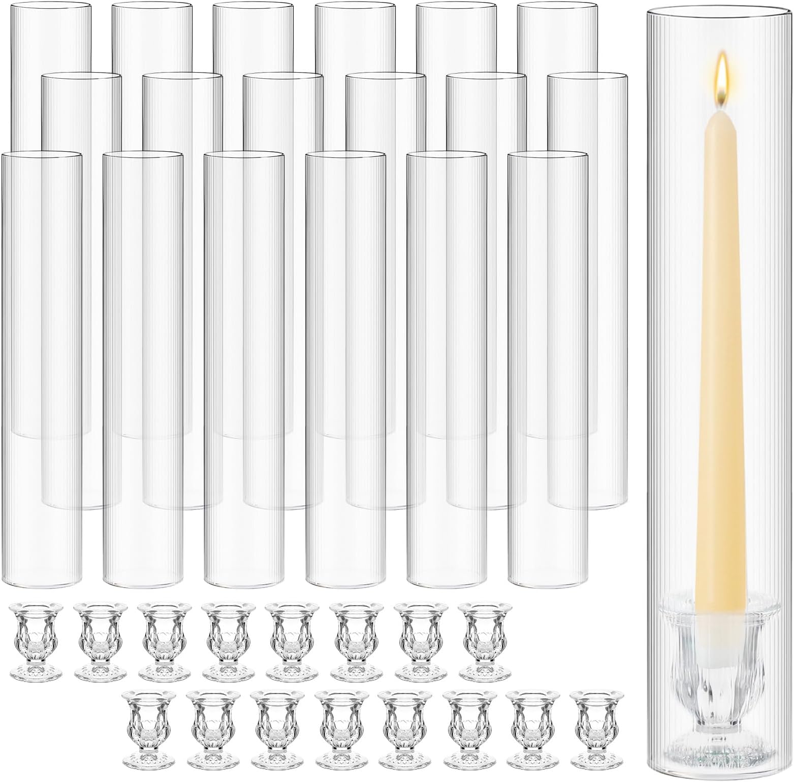 24 Set Glass Hurricane Candle Holders 11.8" Open Ended Glass Candleholder Tube Shape Bottomless and 2.2" Taper Clear Candlestick Holders for Wedding Party Table Centerpiece(Elegant)